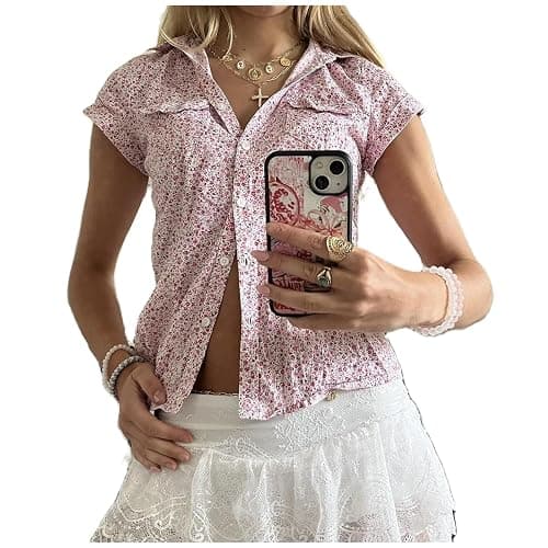 Women Y2k Short Sleeve Button Up Shirt V Neck Collared Plaid Preppy Tops Slim Fit Vintage Coquette Blouse - Image 1