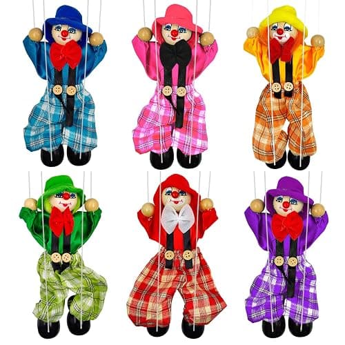 6 Pack Wooden Marionette Puppets Clown Pull String Puppets Movable Hands and Feet Joint Activity for Family Men Women Theater Puppetry Party - Image 1