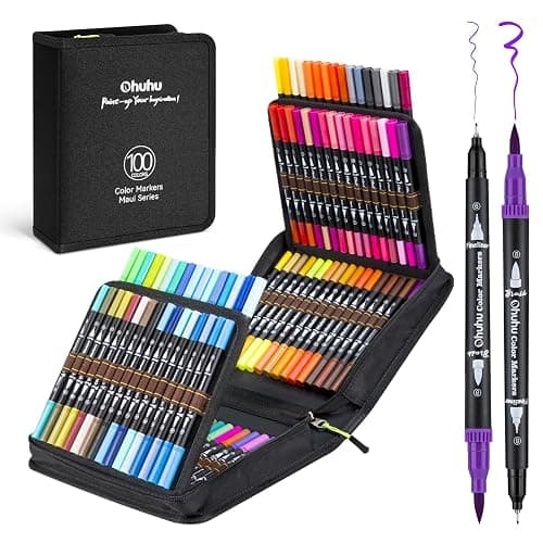 Ohuhu Markers: 100 Colors Brush Pens Dual Brush Fine Tip Drawing Pens Water-Based Coloring Markers for Calligraphy Bullet Journal with Carrying Case - Maui - Black - 100 Colors - Image 1