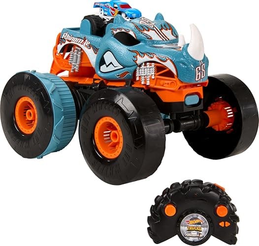 Hot Wheels Monster Trucks RC Toy, Remote-Control Transforming Rhinomite in 1:12 Scale & 1:64 Scale Race Ace, Converts into Launcher, Connects to Track - Rhinomite - Image 1