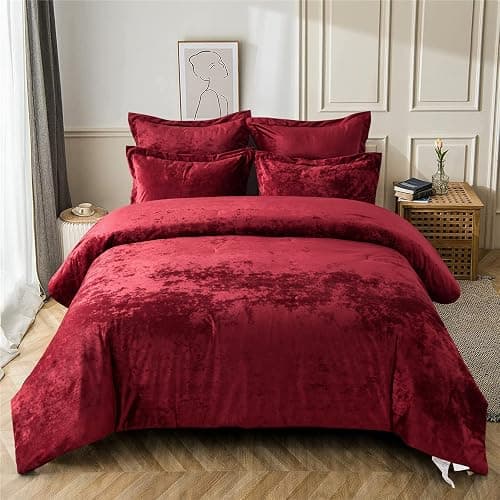 Fredsure Distressed Velvet Comforter Set, 5 Pieces Burgundy Red Queen, Distressed Velvet Face and Brushed Microfiber Reverse - Image 1