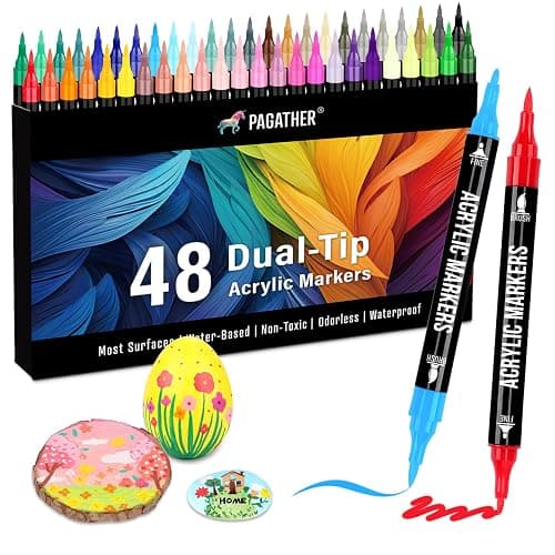 Pagather 48 Colors Acrylic Paint Markers, Dual Tip with Fine Tip and Brush Tip Pens for Stone, Wood, Calligraphy, Canvas, Ceramic, Metal, Glass, Rock Painting, DIY Crafts - Image 1