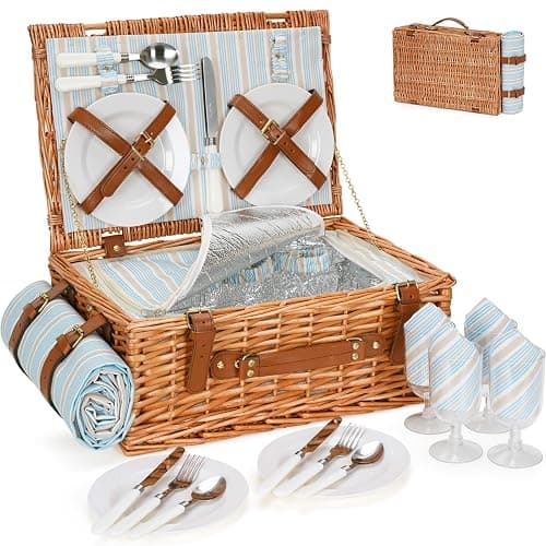 HappyPicnic Ensemble de Panier de Pique-Nique en Osier pour 4 Personnes | Grand Panier en Saule avec Grand Compartiment Isotherme isolé, Tapis de Pique-Nique imperméable Gratuit et kit de Service - Image 1