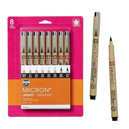 Sakura Pigma Micron, Graphic & Brush Fineline Pens, Archival Black Ink, 8 PK 30067 - Image 1