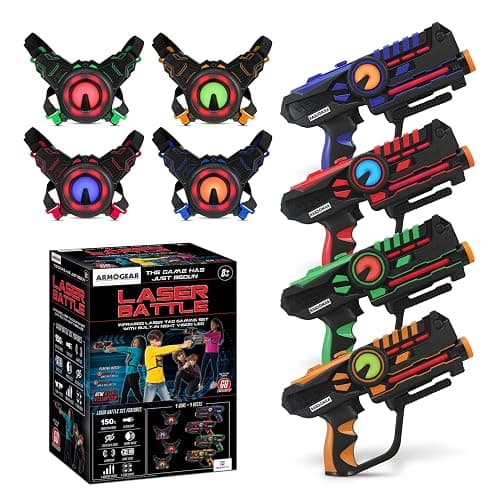 ArmoGear Set of 4 Laser Tag Guns with Vests - Laser Tag Set for Kids and Adults - Toy Guns with 150 ft Range, Night Vision, Invisibility Mode - Battery Operated - Multiplayer Outdoor Game for Ages 8+ - Image 1