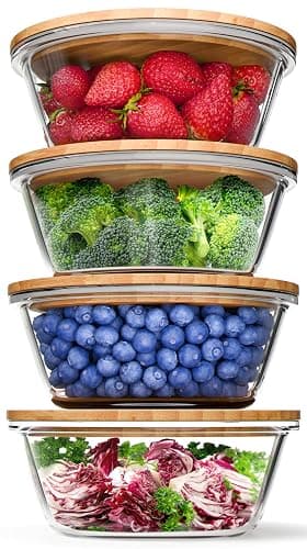 Verel Round Glass Food Storage Containers with Bamboo Lids (Set of 4) - 32 Ounce, Eco Friendly Meal Prep with Wooden Lids - Image 1