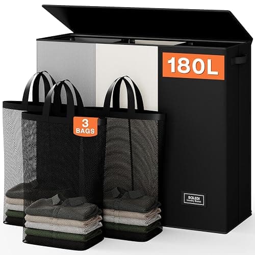 SOLEDI Laundry Hamper 3 Section with Lid and 3 Pcs Laundry Bag, Large Hamper 3 Compartment 180L, Basket Sorter for Bedroom Blanket Storage - Image 1