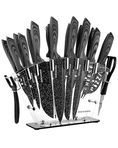 Dockorio all in one Kitchen Knife Set with Block, 19 PCS High Carbon Stainless Steel Sharp Serrated Steak Knives Set, Chef Knives, Bread Knife, Scissor, Sharpener, - Image 1