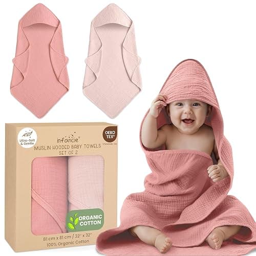 Organic Cotton Muslin Baby Hooded Towels - 81x81 cm, 2 Pack Newborn Bath Towels for Boys & Girls, Soft & Absorbent Bath Set (Rose/Peach) - Rose/Peach - Image 1