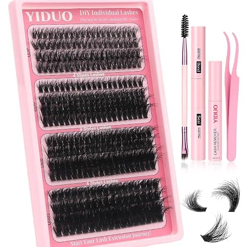 YIDUO Clusters Lashes Kit False Eyelashes Extensions 40D+60D+80D+100D Volume D Curl Wispy Individuals Fake Eyelash, 308Pcs All-in-1 Pack with Glue |Tweezers |Removers |Eyelash & Eyebrow Brush - Image 1
