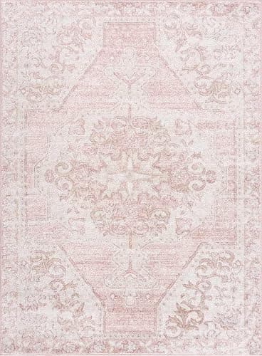 BoutiqueRugs Blush & Light Pink Collection Snead Bohemian Oriental Medallion Area Rug - Traditional Floral Carpet for Living Room, Bedroom - Blush, Pale Pink, Cream - 3'11" x 5'7" - 3'11" x 5'7" (Rectangular) - Pale Pink, Plum, Peach / Snead - Image 1