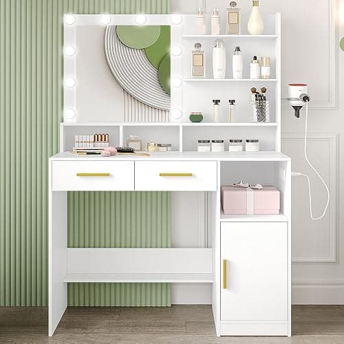 Hzuaneri Vanity Desk with Mirror and 10 LED Lights, Power Strip Makeup Vanity with 3 Shelves, Dressing Table with Drawers & Cabinet, 3 Adjustable Lighting Brightness, White DT34303XCA - Image 1