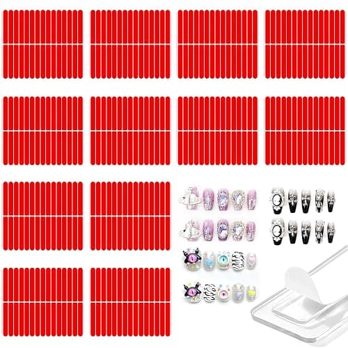 12 Sheets Double Sided Nail Tape for Press on Nails, Clear Adhesive Mounting Tapes for Nail Packaging Nail Design Salon Supplies Colors Designs Showcase (Red) - Image 1
