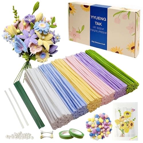 YYUENGTAK 500 Pcs Pipe Cleaner Flower kit with tutoria,Pipe Cleaners Craft(6 Colors),Chenille Stems Flowers Craft kit with 20 pcs Green Floral Wires,Gardening Tape,Stamen(2 Colors),Pearl Beads,pompoms - Image 1
