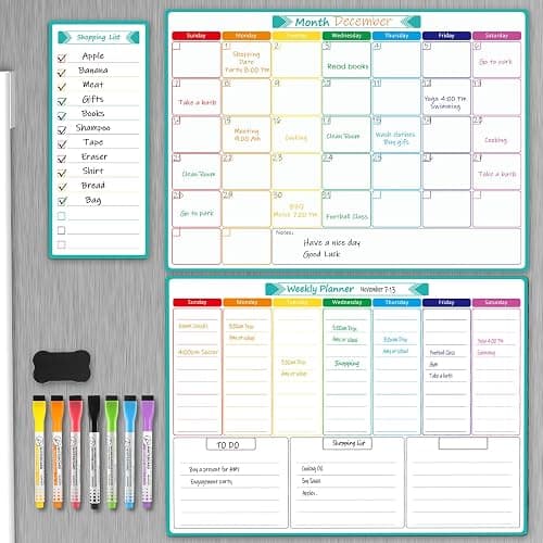 MaxGear Magnetic Fridge Calendar Whiteboard, 16"x12" Monthly and Weekly Dry Erase Board for Refrigerator, Smooth Writing and Effortless Cleaning Planner Board with 7 Markers,1 Eraser,1 Shopping List - Image 1