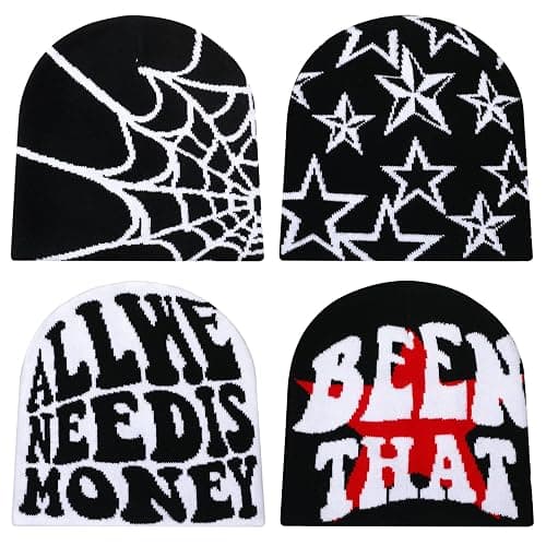 Ramede 4 Pcs Y2k Beanie Pack - Double Sided Graphic Beanies for Men and Women, Acrylic Knitted Y2k Hats Accessories - Knitting - Multiple - Image 1