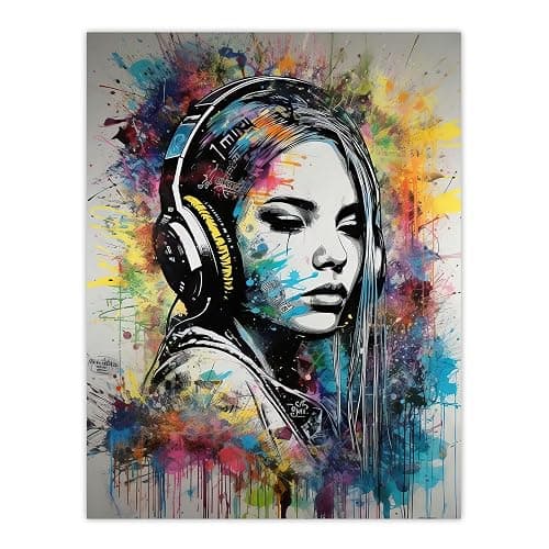 Artery8 Music Girl Headphones Watercolour Grunge Emo Teen Bedroom Large Wall Art Poster Print Thick Paper 18X24 Inch - Unframed 18X24" - Image 1