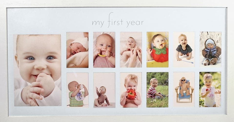 Green Pollywog | Baby's First Year Frame | Collage Frame For Baby In White | 12 Month Picture Frame | Milestone Photos | First Year Picture Mat | My First Year Photographs - Image 1