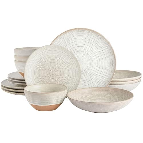 Gibson Elite 16 Piece Dreamweaver Double Bowl Terracotta Reactive Dinnerware Set - Sand Cream, Service for 4 (16pcs) - Image 1