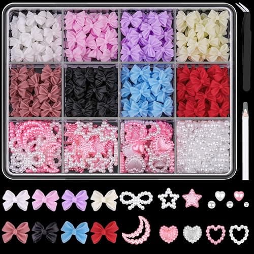 600 Pcs 3D Nail Charms and Flatback Pearls Set 5, 8 Colors Nail Bows Charm + Pink&White Star Heart Moon Cute Nail Jewels + 2-4mm White Nail Pearls for Nail Art DIY Decoration with Pickup Tools - Image 1