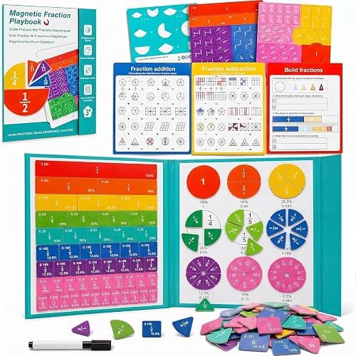 Magnetic Fraction Playbook, Math Manipulatives for 3rd, 4th & 5th Grade, Fractions Demonstration Book with Tiles for Elementary Classroom Must Haves, 102 Montessori Educational Puzzle for Homeschool - Image 1