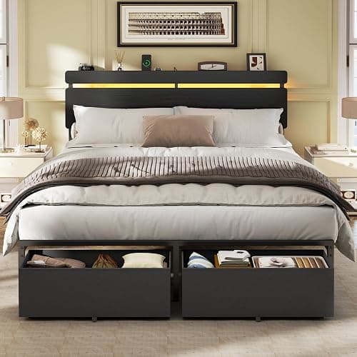Forestell Queen Bed Frame with Wood Headboard,2 Storage Drawers & Shelf | Built-in Charging Station & LED Lights, Metal Support, No Box Spring Needed, noise-free, easy assembly, Smart RGB, USB+Type-C - Image 1
