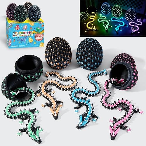3D Printed Dragon Glow in the Dark with Egg – 4 Pack Articulated Crystal Dragon Eggs with Dragon Inside, Bendable Fidget Animal Figures, Birthday Easter Gift for Kids Boys Girls (UV Light Included) - Image 1