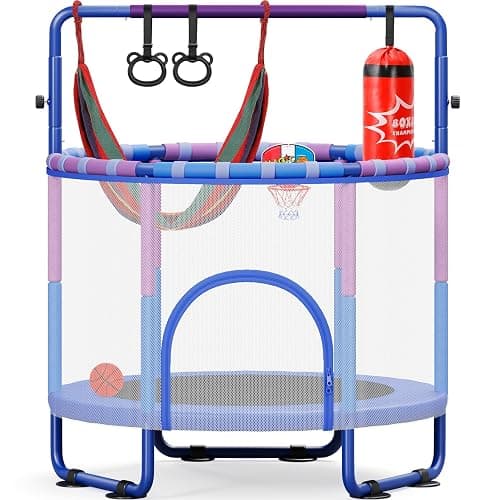 Yohood 55" Trampoline for Kids with Enclosure, 6-in-1 Toddler Trampoline Indoor Outdoor, Upgrade Full Anti-Rust Tube with Adjustable Gymnastics Bars for Boys Girls - Image 1