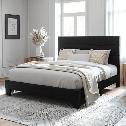 Allewie Full Size Platform Bed Frame with Velvet Upholstered Headboard and Wooden Slats Support, Fully Upholstered Mattress Foundation/No Box Spring Needed/Easy Assembly, Black - Image 1