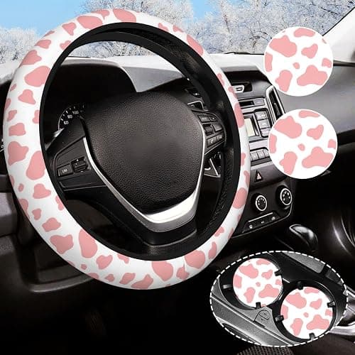 Pink Cow Print Steering Wheel Cover for Women Men with 2 Pcs Car Coasters, Universal 14.5-15 Inch Rainbow Steering Wheel Covers Non-Slip Car Accessories for Girls - Image 1