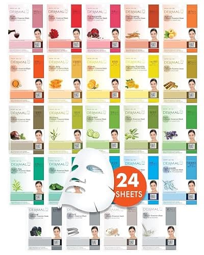 DERMAL 24 Combo Korean Essence Sheet Mask Variety Pack, Collagen & More | 24 individually wrapped essence masks - collagen, hyaluronic, vitamin, snail, aloe, green tea, pearl, charcoal & more - Image 1