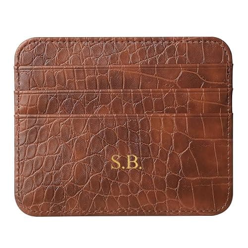 Personalisa Gold Silver Initial letters Credit Card Holder Wallet, PU Leather Ultra Slim Wallet, Thin Minimalist Credit Card Case Card Protector, Front Pocket Wallets for Men, Women (cro-brown) - Image 1