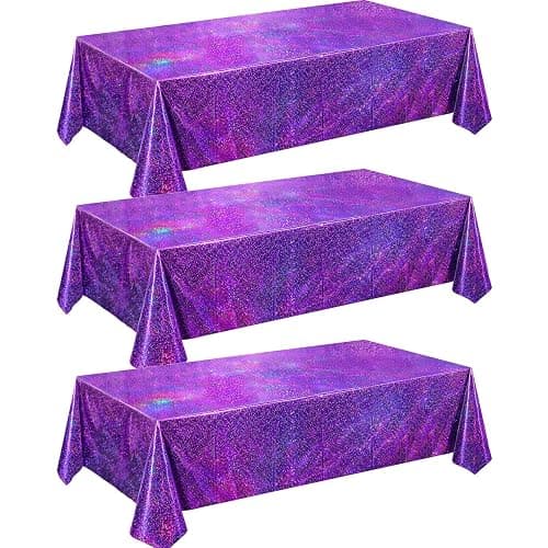QIYANPAX 3 Pack Holographic Laser Purple Tablecloth, Iridescent Party Decorations, Shiny Disposable Table Covers for Mermaid Purple Birthday Decorations Bridal Wedding, 54x108 Inch - Image 1