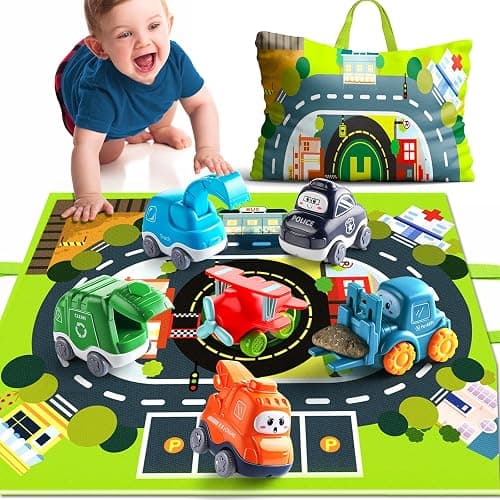 Big Cartoon Truck Car Toys for 1 Year Old Boy with Playmat/Storage Bag|Baby and Toddler Toys 12-18 Months & Age 1-2|1st Birthday Gift for 1 2 Year Old Boy - 6 Cars Set - Image 1
