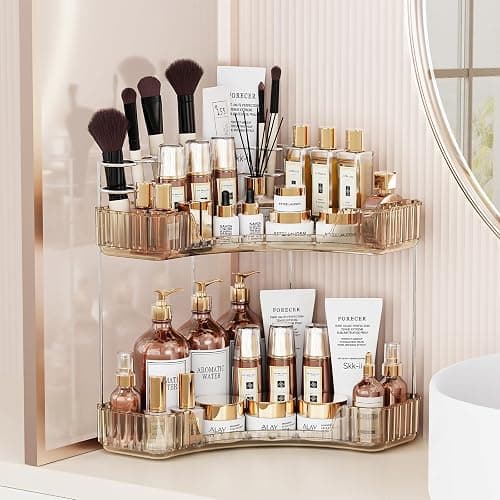 Asayuee 2-Tier Corner Bathroom Counter Organizer with Top Toothbrush Holders,Large Makeup Organizer Countertop with Brush Holder,Skincare Organizers Corner,Exquisite Vanity Organizer (Gold, 2 Tier) - Image 1