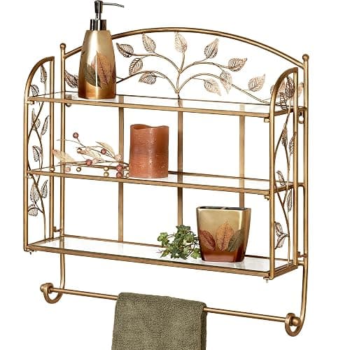 Touch of Class Eden Metal Wall Shelf, Champagne Bronze | Durable Powder Coat, Three Glass Shelves, Towel Bar, Finely Crafted Leaves on Trailing Vines - Image 1