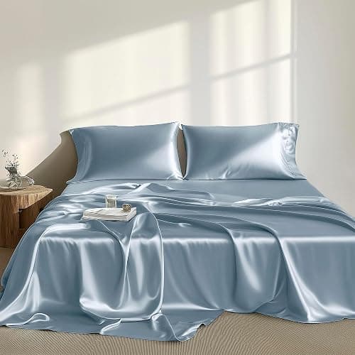 Madison Park Satin Sheets Twin Size, Luxurious Silky Bed Sheets, Elastic 14" Pocket fits up to 16" Mattress, Wrinkle-Free, Soft Satin Bed Sheet Set, Blue 4 Piece - Image 1