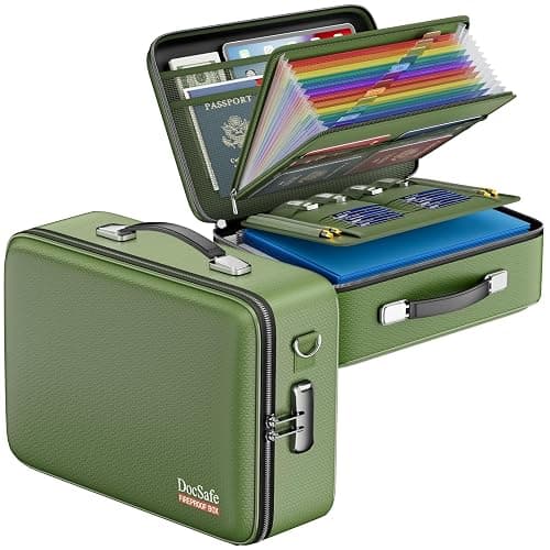 DocSafe Fireproof Document Box Hard Case with Lock & Accordion File Folder | Fire and Water Resistant Safe Box,File Organizer,Multi-Pocket,Home Office Travel Storage for Important Document,Laptop,Green - Image 1