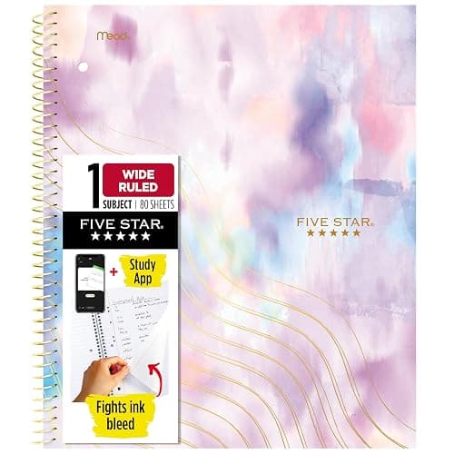 Five Star Spiral Notebook + Study App, 1 Subject, Wide Ruled, 8" x 10-1/2", 80 Sheets, Fights Ink Bleed, Water Resistant Cover, Pastel Tie Dye (930210F-ECM) - Image 1