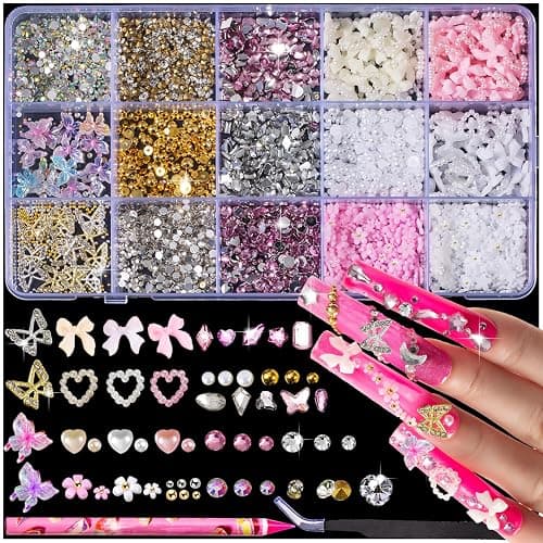 10000pcs Nail Charms and Gems:Pink Cute Bow Heart 3D Flower Charms for Junk Cases kit;Gold Chunky Butterfly Charms for Nails Design,nail jewels Diamond Rhinestones for Nails;Beads Pearls for Nails Art - Image 1