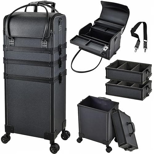 Costravio 5 in 1 Rolling Makeup Case Transformable Train Case, Black Vegan Leather Cosmetology Case on Wheels, Travel Cosmetic Storage Cases for for Hairstylist Artist Nail Beauty Salon Barber - Image 1
