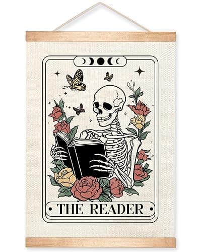 HEYJEEPER The Reader Tarot Card Wall Art, 14x18inch Gothic Skeleton Reading Books, Canvas Wall Hanging Poster,Library, Reading Corner Decor,Vintage Witchy Room Decor (Reader) - Image 1