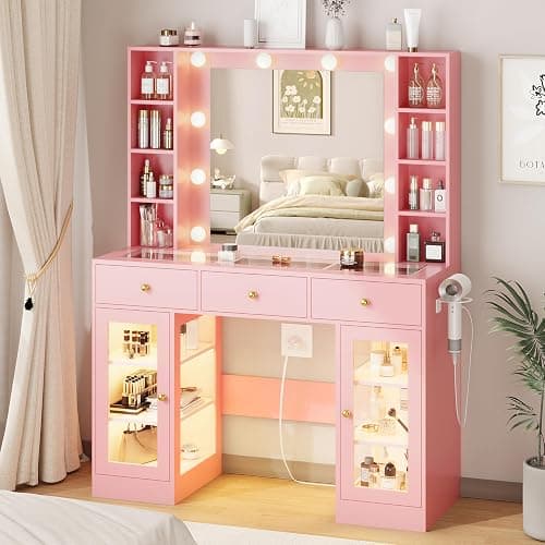 HUANLEGO Pink Vanity Desk with Mirror and Lights, Glass Top Vanity with Lighted Mirror & RGB Glass Cabinet and 3 Drawers, Makeup Vanity Desk with Lights Dressing Table for Bedroom, 3 Color Modes - Pink - 43.3x15.7x55.7 in - Image 1