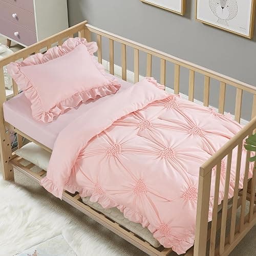 HOMBYS 3 Pieces Princess Pink CribBedding Set for Baby Girls, Ultra Soft Blush Pinch Pleat Comforter Set with Ruffles for All Season - Image 1