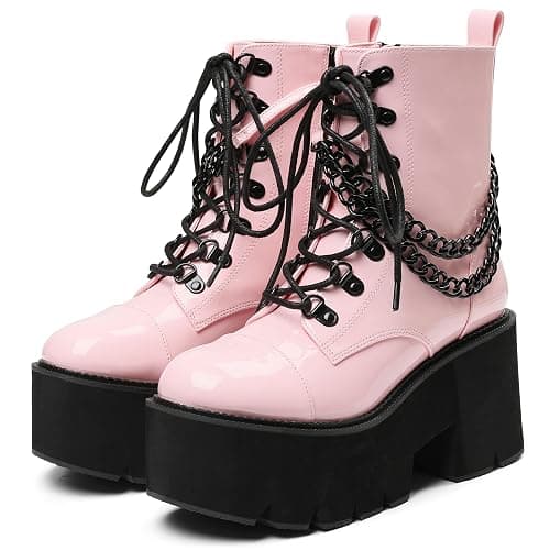 CYNLLIO Women's Platform Ankle Boots Rave Goth Combat Booties | Chunky Wedge Heel Boots with Punk Chain, Lace Up & Side Zipper Closure Shoes for Festival Concert Cosplay Party - Image 1