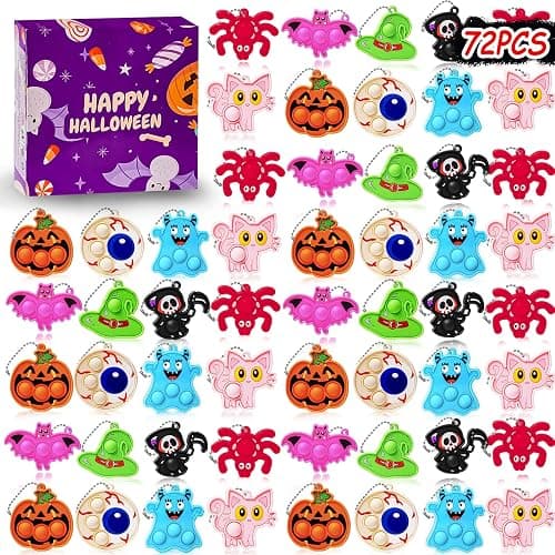 72Pcs Halloween Party Favors, Fidget Toys Bulk Mini Pop Bubbles with Keychain, School Classroom Prizes Box Fidgets Toys for Kids Toddlers Adult, Goodie Bag Stuffers, Treasure Chest box, Halloween Toys - Image 1