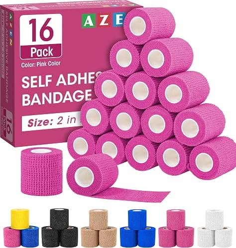 AZEN 16 Pack Self Adhesive Bandage Wrap Pink, 2" X 5 Yards Elastic Cohesive Bandage Wrap, Athletic Tape, Vet Wrap, Ankle Tape, Tattoo Grip Tape Wrap (Pink) - Image 1