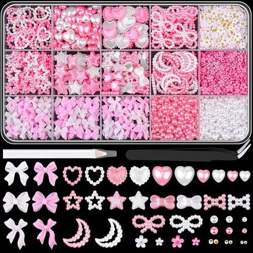 Coquette 3D Nail Charms Design Set - White & Pink Nail Bows, Pearl Heart Star Moon Bows + 3D Flower Charms & Pearls, with Picker Tools - C02-Pink and White Set 2 - Image 1
