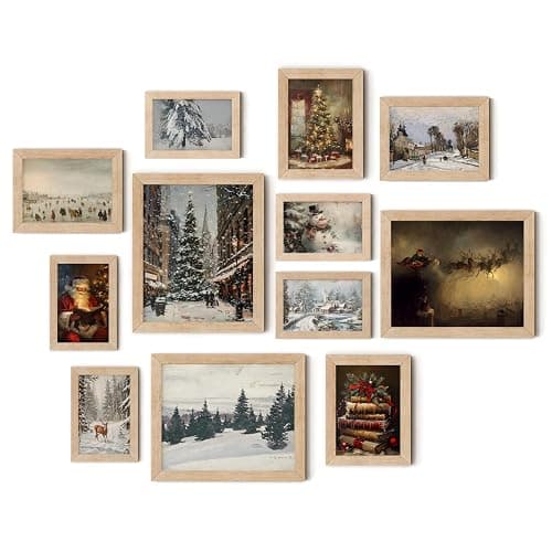 TwoDays Vintage Christmas Wall Art, Moody Winter Xmas Aesthetic Poster for Room Decor, Santa Reindeer Pine Tree Gallery Painting Artwork Prints (8" X 10" Largest, Set of 12, Wooden Framed) - Image 1
