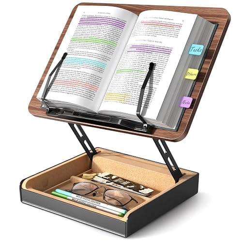 HUMANCOZY Book Stand with Storage, Book Holder for Reading Hands Free, Wooden Cookbook Stand for Kitchen Counter, Adjustable Reading Stand for Desk, Recipe Stand, Book Prop for Book Lovers - Image 1